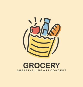 Vector logo idea for grocery store. Symbol design with fruits, bread and milk bottle in a shopping bag. Icon template.
