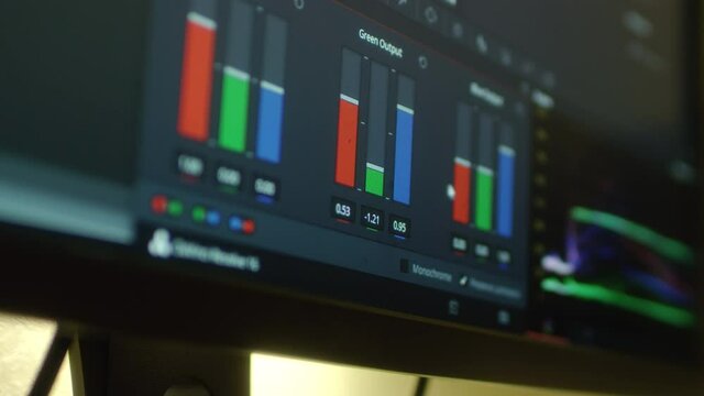 4K Color Correction Post Production video or photo in Progress Closeup. A program for video processing, color correction. Colored bar, macro.