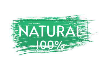 Natural organic food product 100 percent label banner vector illustration, healthy green sticker grunge style