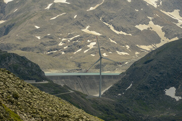 Dam and wind farm on Nufenen pass in Switzerland