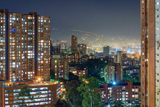 Night view over high rises in Medellin, Colombia