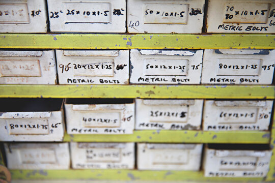 close up of drawers / storage in workshop garage