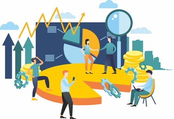 Flat style design. The composition of the scene for business. Illustrations for business. Image of a graph and charts. Teamwork, interaction, communication of the team. 