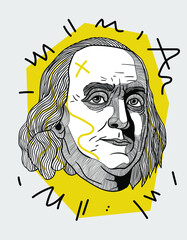 Creative geometric yellow style. Benjamin Franklin. - obrazy, fototapety, plakaty