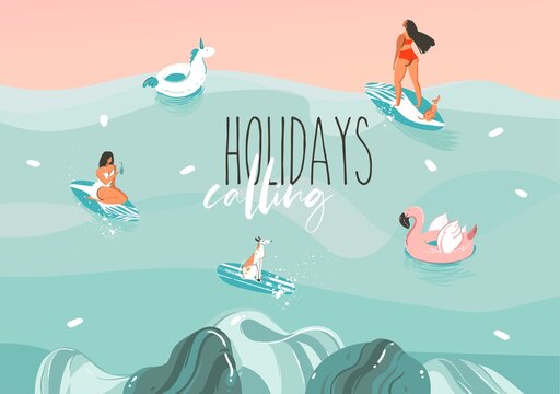 Hand drawn vector stock abstract graphic illustration with a funny sunbathing family people group in ocean waves landscape,swimming and surfing isolated on colour background