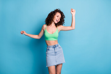 Photo of lovely cheerful chilling girl lady hands air close eyes delight sing music concert hen...