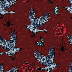 Raven Birds Gothic Red Roses Halloween Vector Seamless Pattern