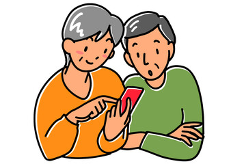 笑顔でスマホを見るシニア夫婦
