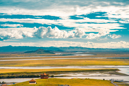 The Yellow River winding up in Ruoergai Grassland, Sichuan , autumn time.