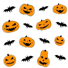 Vector seamless pattern. Different spooky pumpkins and bats, isolated on white background