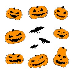 Vector set of icons. Different spooky pumpkins and bats, isolated on white background