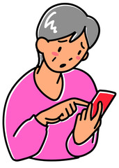 困った表情でスマホを見るシニア女性