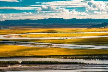 The Yellow River winding up in Ruoergai Grassland, Sichuan , autumn time.