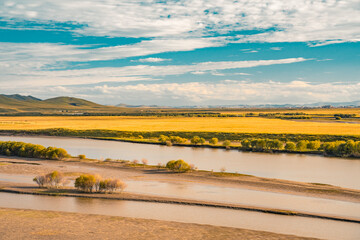 The Yellow River winding up in Ruoergai Grassland, Sichuan , autumn time.