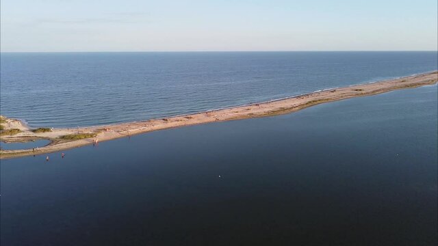 Aerial footage of the sandspit between a sea and a bay at Berdyansk, Ukraine