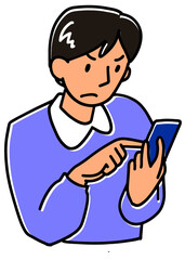 怒った表情でスマホを見る若い男性