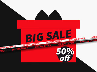 Big sale 50% off. Sale tape ribbon and gift box on background divided diagonally into black and white color. Black friday. Design for promotional items, coupon and gift cards. Vector illustration