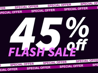 Flash sale, special offer 45% off. Sale tape ribbon and text on black background. Black friday. Design for promotional items, coupon and gift cards. Vector illustration