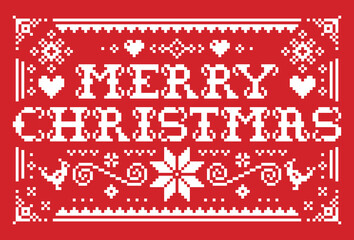 Merry Christmas vector greeting card pattern in red on white background - Scandinavian knnitting, cross-stitch design
