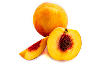 Ripe peaches on a white background and a tree background