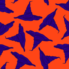 Spooky Halloween witch hat seamless pattern template. Cute simple minimalism cartoon vector illustration for games, background, pattern, decor. Print for fabrics and other surfaces.