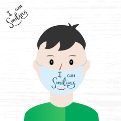 A person wears a face mask with text Lettering I am Smiling. Cool funny design for cloth Face Mask, T-shirts and more. The text is handwritten. 