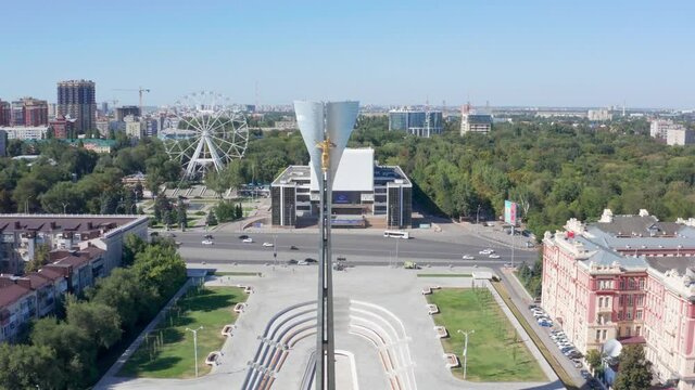 the central attraction of the city, drone flight over the theater square in Rostov-on-Don
