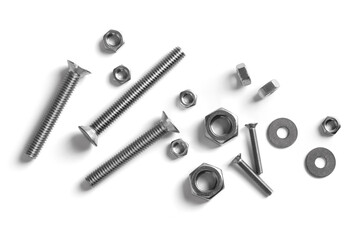 Screws and bolts on white background