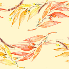 Fototapeta na wymiar Watercolor seamless pattern. Branch with berry Watercolor background, drawing with autumn leaves, plants, berries, branches of linden, aspe. Spikelet, wheat, wild grass. Raindrops, water, splashes