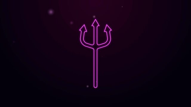 Glowing neon line Neptune Trident icon isolated on purple background. Happy Halloween party. 4K Video motion graphic animation.