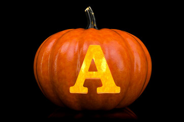 Glowing Letter A carved in pumpkin. Halloween font on black background, 3D rendering