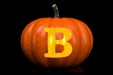 Glowing Letter B carved in pumpkin. Halloween font on black background, 3D rendering