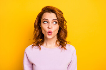 Closeup photo of beautiful ginger lady open mouth perfect o shape don't speak looking side empty space listen rumours wear pink sweater shirt isolated yellow color background