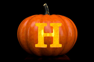 Glowing Letter H carved in pumpkin. Halloween font on black background, 3D rendering