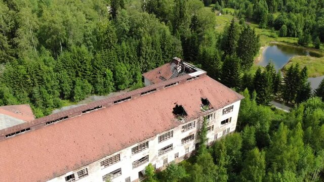 abandoned military barrack building. Aerial view Karelia Lahdenpohja. Huuhanmaki