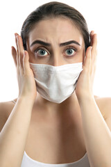 Sick beauty white girl with protective mask. Pandemic quarantine corona virus. Illness influenza patient. Anti flu treatment stock photo