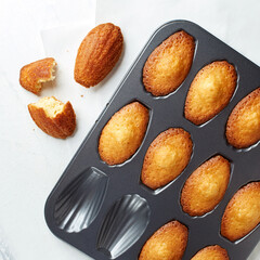 fresh homemade handmade Madeleines with a baking dish