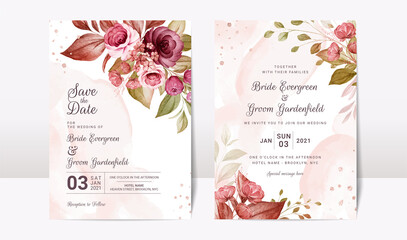 Floral wedding invitation template set with elegant burgundy and brown roses flowers and leaves decoration. Botanic card design concept