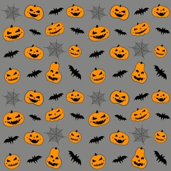 Vector seamless pattern. Different spooky pumpkins and bats on grey background