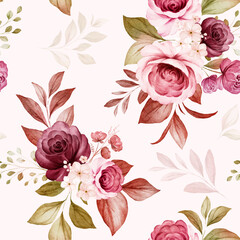 Floral seamless pattern of burgundy and peach watercolor roses and wild flowers arrangements on white background for fashion, print, textile, fabric, and card background