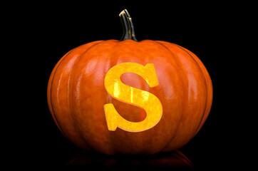 Glowing Letter S carved in pumpkin. Halloween font on black background, 3D rendering