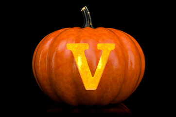 Glowing Letter V carved in pumpkin. Halloween font on black background, 3D rendering
