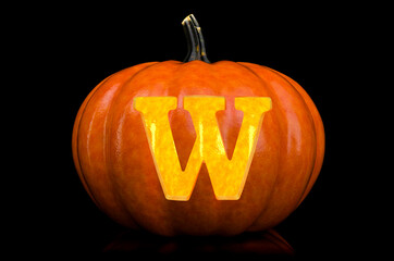 Glowing Letter W carved in pumpkin. Halloween font on black background, 3D rendering