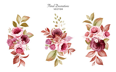Set of watercolor floral arrangements of burgundy and peach roses and leaves. Botanic decoration illustration for wedding card, fabric, and logo composition