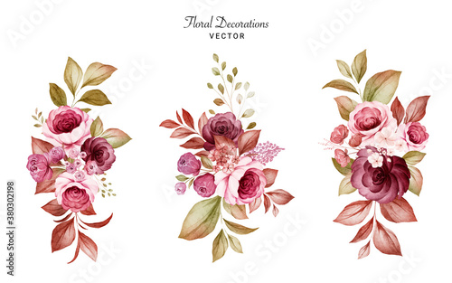 Download Set Of Watercolor Floral Arrangements Of Burgundy And Peach Roses And Leaves Botanic Decoration Illustration For Wedding Card Fabric And Logo Composition Wall Mural Keepmakingart