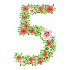 Number 5 with roses and leaves on a white background