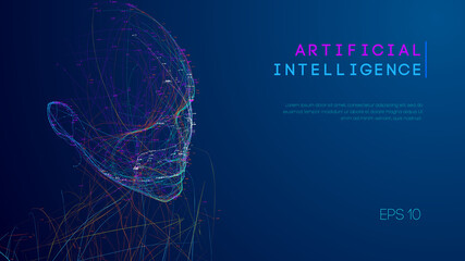 Ai digital brain. Artificial intelligence concept. Human head in robot digital computer interpretation. Wireframe head concept.