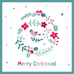 Christmas card with greeting wreath and bird in bright colors on white background 