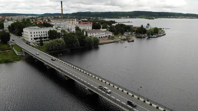 Aerial panorama view Sortavala transport bridge on the coast of Ladoga lake.