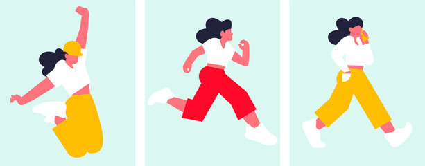 Woman sport activities. Beautiful young woman. Fitness activities. Girl character run, jumping. Vector illustration set. Sportive ladies working out. Healthy lifestyle.